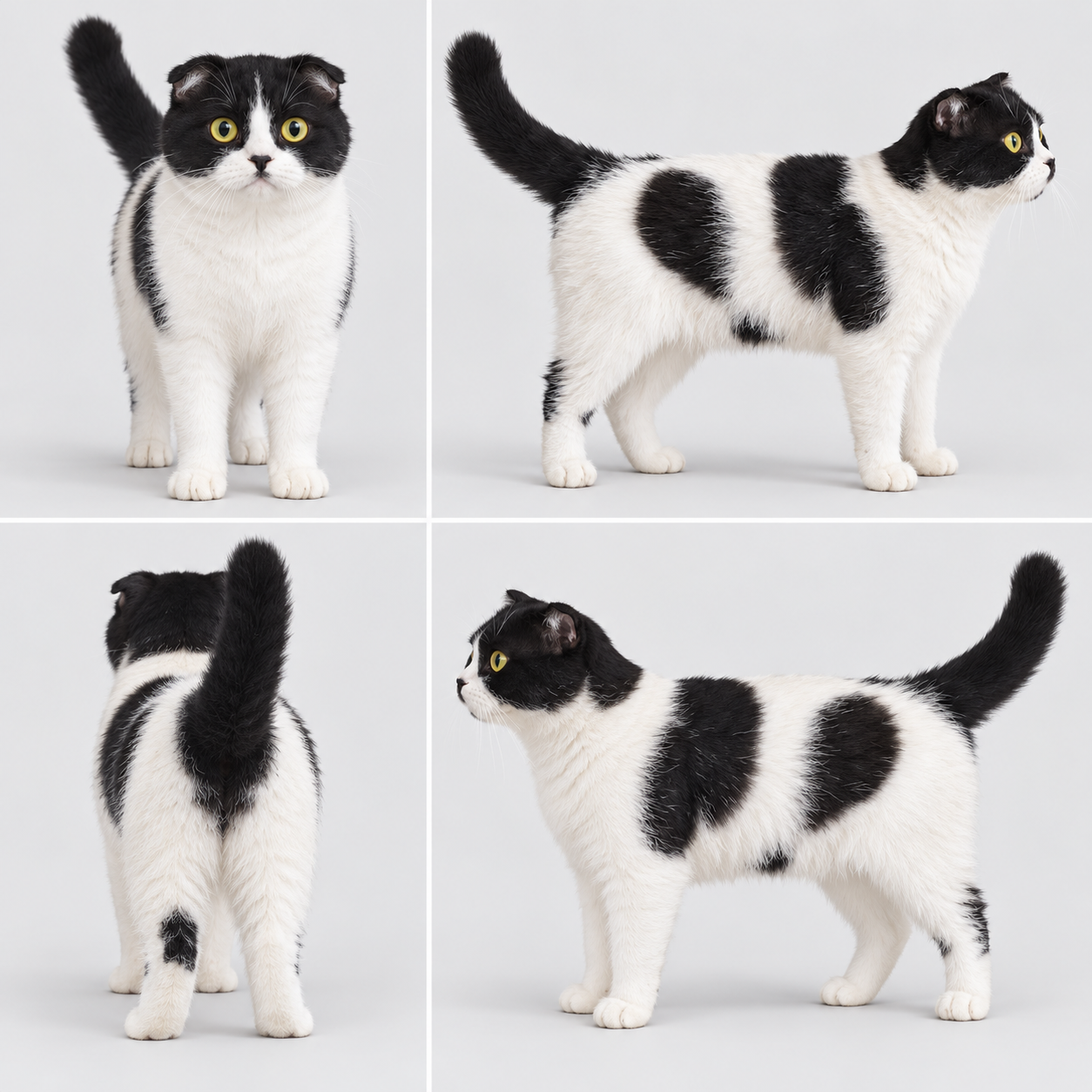 User-supplied four-view reference showing a black and white folded-ear cat with gold eyes and a raised black tail